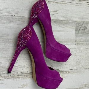 B Brian Atwood purple suede platform jeweled heels 7